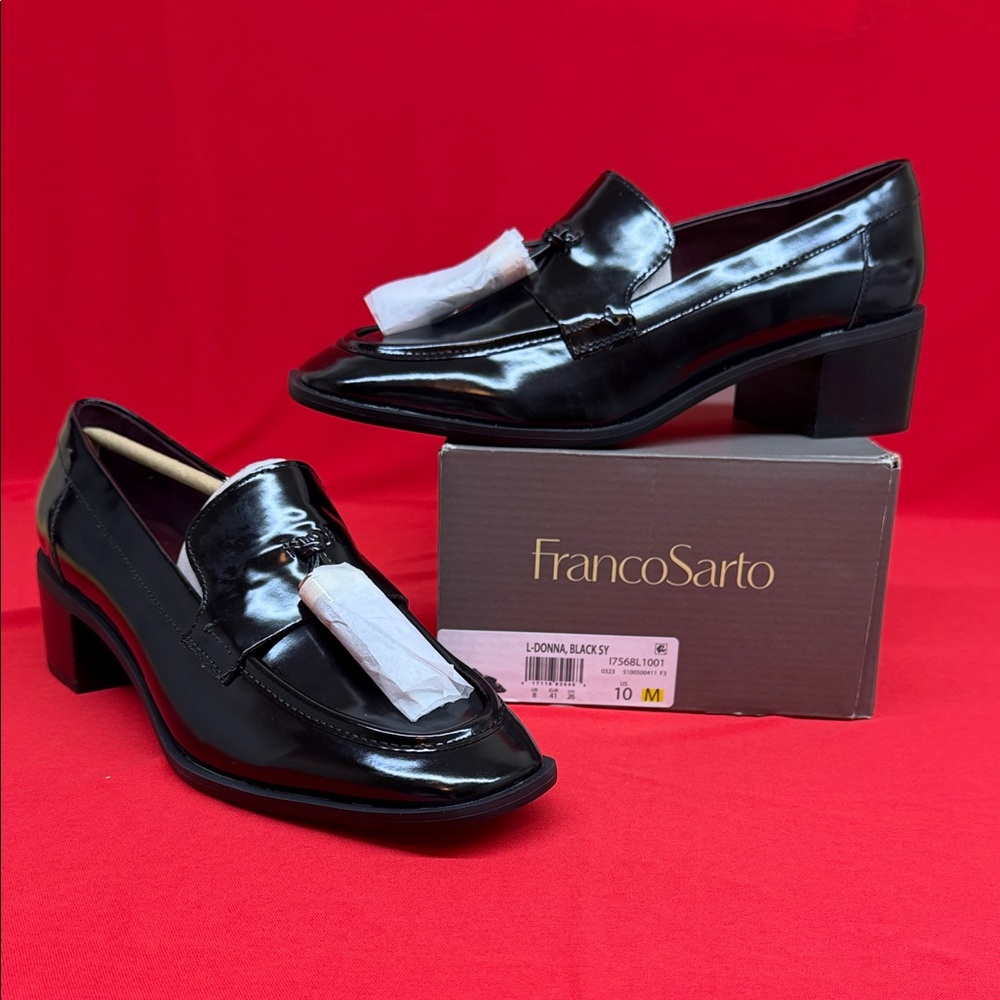 Franco Sarto Black Patent Leather Block Heel Loafers